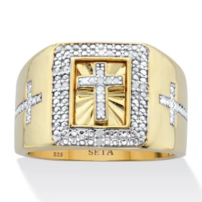 Palm Beach Jewelry Men's 1/10 Tcw Diamond Two-tone Cross Ring In 14k Gold-plated Sterling Silver In White