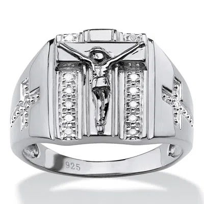 Palm Beach Jewelry Men's 1/10 Tcw Round Diamond .925 Sterling Silver Crucifix And Cross Ring In White