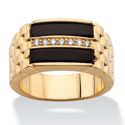 Palm Beach Jewelry Men's .14 Tcw Genuine Black Onyx And Cz Gold-plated Buff Top Ring In Yellow