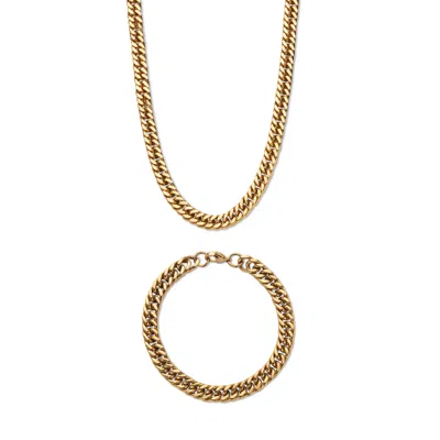 Palm Beach Jewelry Men's 2 Piece Curb-link Gold Ion-plated Stainless Steel Set 30" & 9" Lengths In Yellow