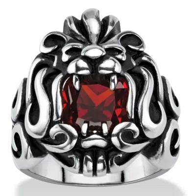 Palm Beach Jewelry Men's 2.65 Tcw Red Cz Antiqued Stainless Steel Tribal Lion Ring In White