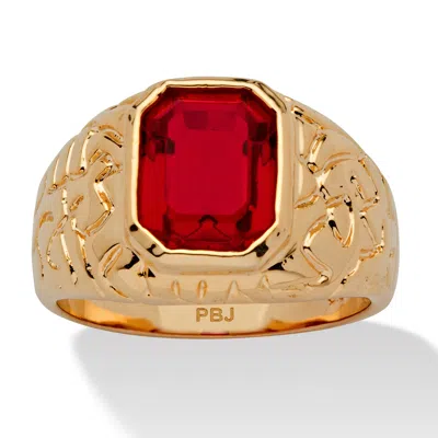 Palm Beach Jewelry Men's 2.75 Tcw Emerald-cut Simulated Ruby Gold-plated Nugget Style Ring In Red
