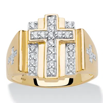 Palm Beach Jewelry Men's .50 Cttw. Gold-plated Silver Round Cubic Zirconia Layered Cross Ring In Yellow