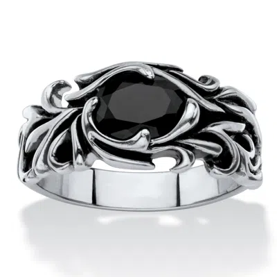 Palm Beach Jewelry Men's Black Crystal Antiqued Stainless Steel Scrolling Leaf Ring