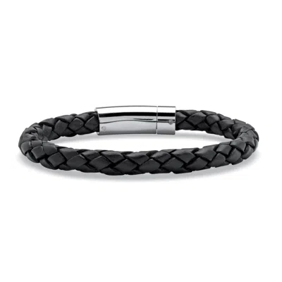 Palm Beach Jewelry Men's Black Leather Bracelet With Stainless Steel Slip Lock Closure 10" In White