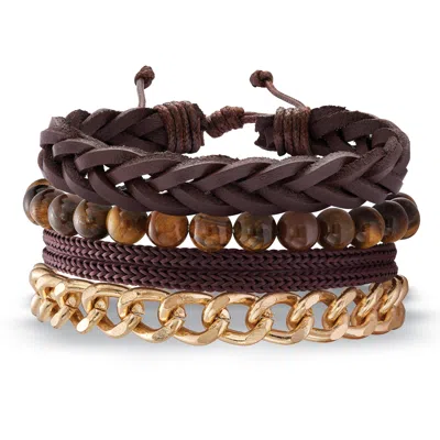 Palm Beach Jewelry Men's Brown Leather Multi Strand Macrame Bracelet Set 8.5 Inch, Adjustable