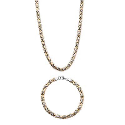 Palm Beach Jewelry Men's Byzantine-link Gold Ion-plated Stainless Steel Set 24" & 9" Lengths In Yellow