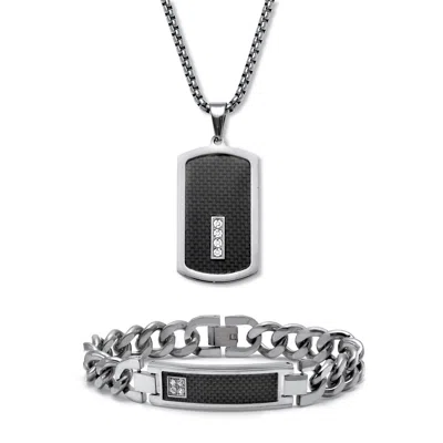 Palm Beach Jewelry Men's Crystal Black Ion-plated Stainless Steel Dog Tag Necklace Set 26 Inch In White