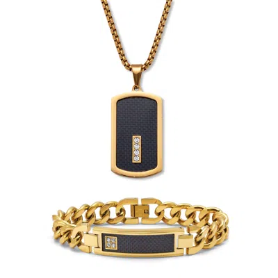 Palm Beach Jewelry Men's Crystal Gold Ion-plated Stainless Steel Dog Tag Necklace Set 26 Inch In White