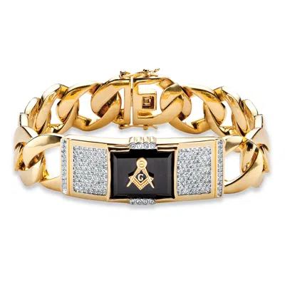 Palm Beach Jewelry Men's Genuine Black Onyx And Cz Gold-plated Masonic Curb-link Bracelet 8"