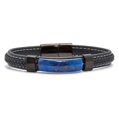 Palm Beach Jewelry Men's Genuine Blue Lapis Black Ruthenium-plated Braided Leather Bracelet 9-inch