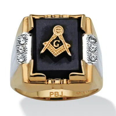 Palm Beach Jewelry Men's Genuine Onyx And Crystal Two-tone Masonic Ring Gold-plated Sizes 8-16