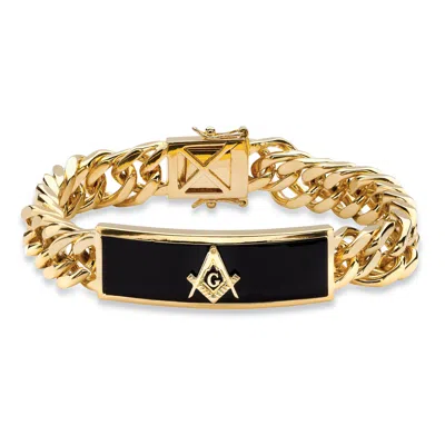 Palm Beach Jewelry Men's Genuine Onyx Masonic Gold-plated Insignia Curb-link Bracelet 8" In Black