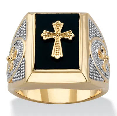 Palm Beach Jewelry Men's Gold-plated Emerald-cut Genuine Black Onyx Textured Cross Ring