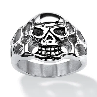 Palm Beach Jewelry Men's Openwork Skull Ring In Antiqued Stainless Steel In White