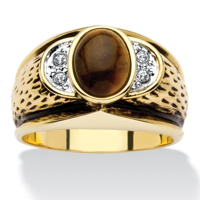 Palm Beach Jewelry Men's Oval-shaped Genuine Tiger's Eye Gold-plated Antique-finish Ring In Yellow