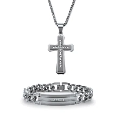 Palm Beach Jewelry Men's Round Crystal Matte Stainless Steel Cross Pendant Necklace Set 26 Inch In White