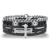 Palm Beach Jewelry Men's Stainless Steel Cross Leather Multi Strand Bracelet Set 8.5 Inch