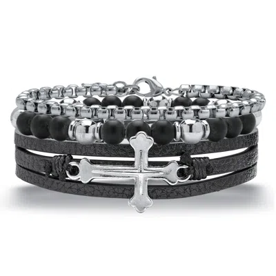 Palm Beach Jewelry Men's Stainless Steel Cross Leather Multi Strand Bracelet Set 8.5 Inch In White