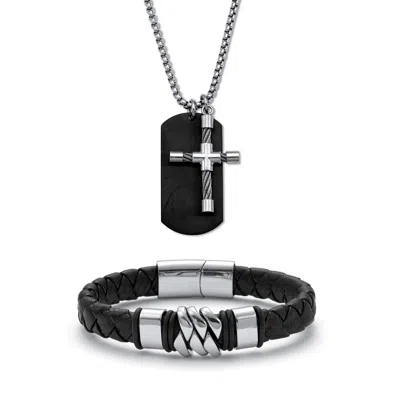 Palm Beach Jewelry Men's Stainless Steel Cross Pendant Necklace And Bracelet Set, 26 Inch Chain In Black