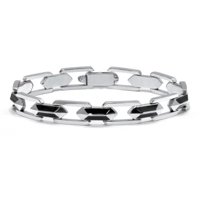 Palm Beach Jewelry Men's Stainless Steel Link And Black Enamel Bracelet 8-inch In White