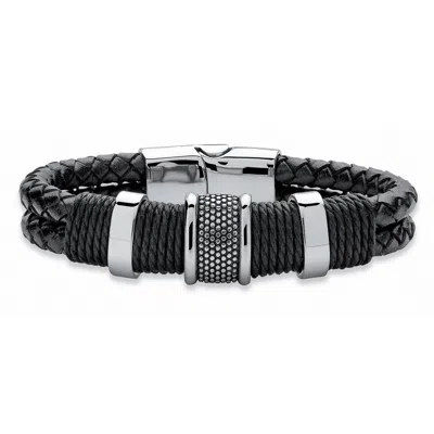 Palm Beach Jewelry Men's Tribal Bracelet In Stainless Steel And Braided Black Leather 8" In White