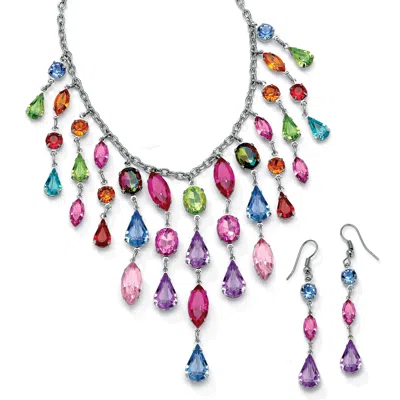 Palm Beach Jewelry Multicolor Crystal Bib Necklace And Earrings 2-piece Set In Antiqued Silvertone