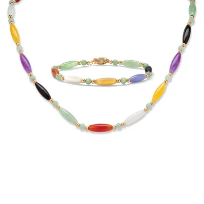 Palm Beach Jewelry Multicolor Jade Barrel Link Bracelet And Necklace Set In 14k Yellow Gold In Green