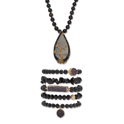 Palm Beach Jewelry Natural Black Onyx And Genuine Agate Goldtone Necklace And Bracelet Set, 34 Inch