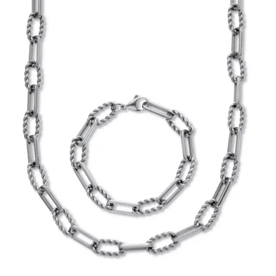 Palm Beach Jewelry Necklace And Bracelet Stainless Steel Paperclip Chain Jewelry Set In White