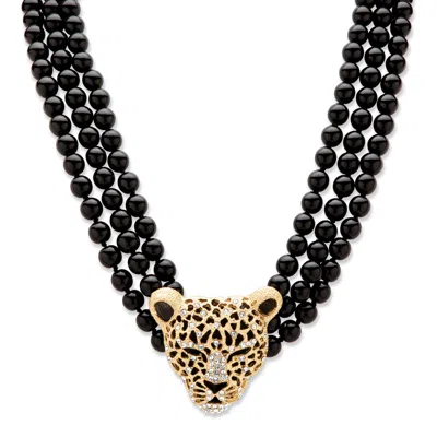 Palm Beach Jewelry Onyx And Crystal Leopard Beaded Necklace In Yellow Goldtone In Black