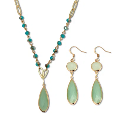 Palm Beach Jewelry Opaque Green Crystal And Genuine Aventurine Goldtone Jewelry Set