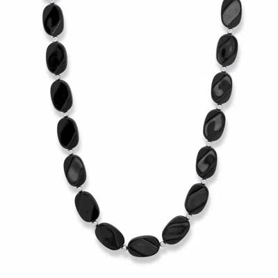 Palm Beach Jewelry Oval Black Beaded Cabochon Lucite Silvertone Single Strand Necklace 28"