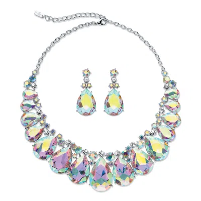 Palm Beach Jewelry Pear-cut Aurora Borealis Crystal Silvertone Earrings And Necklace Set 16"-18.5"