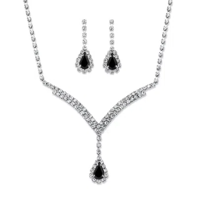Palm Beach Jewelry Pear-cut Silvertone Black Crystal 2-piece Drop Earrings And Necklace Set 13"-17"