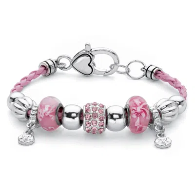 Palm Beach Jewelry Pink Crystal Silvertone Bali-style Braided Pink Cord Beaded Charm Bracelet 7.5"