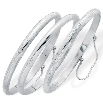 Palm Beach Jewelry Polished, Engraved And Floral Three-piece Bangle Set In .925 Sterling Silver In White