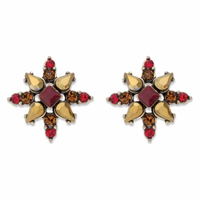Palm Beach Jewelry Red And Brown Multi-cut Crystal Antiqued Goldtone Starburst Button Earrings