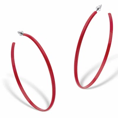 Palm Beach Jewelry Red Enamel Silvertone Open Hoop Earrings 2.75"