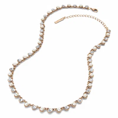 Palm Beach Jewelry Round Bezel-set Crystal And Simulated Pearl Goldtone Necklace 18" - 21" In White