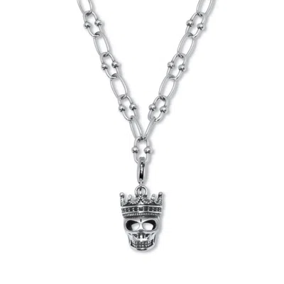 Palm Beach Jewelry Round Black Crystal Antiqued Silvertone Skull Pendant Necklace 28-inch