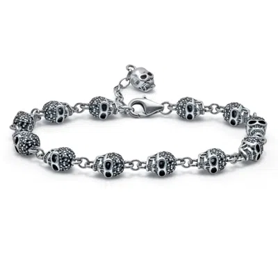 Palm Beach Jewelry Round Black Crystal Silvertone Antiqued Skull Bracelet 7 To 8.5-inch