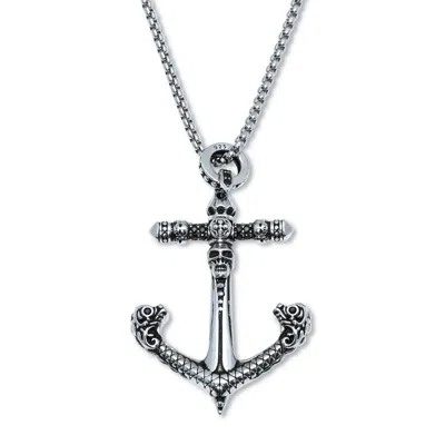 Palm Beach Jewelry Round Black Crystal Sterling Silver Skull Anchor Pendant Necklace 24-inch