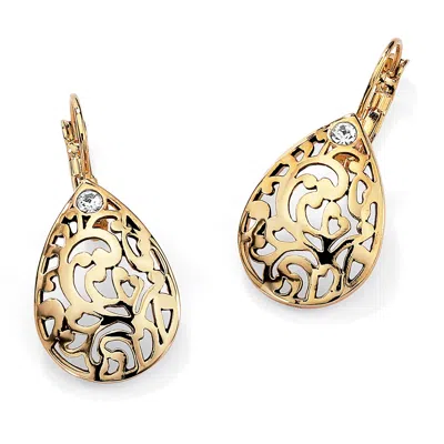Palm Beach Jewelry Round Crystal Accent Yellow Gold-plated Filigree Pear-shaped Drop Earrings In White