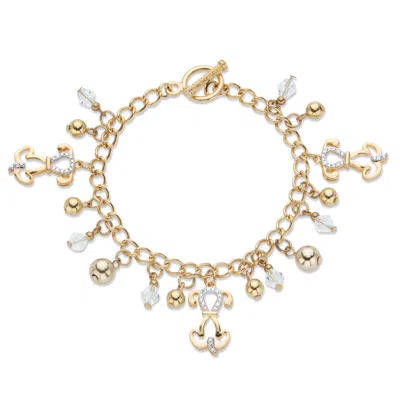 Palm Beach Jewelry Round Crystal Beaded Puppy Dog Charm Goldtone Bracelet 7.5" In White