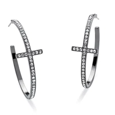 Palm Beach Jewelry Round Crystal Cross Hoop Earrings Black Rhodium-plated In White