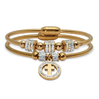 Palm Beach Jewelry Round Crystal Gold Ion-plated Stainless Steel Cross Charm Bracelet Set 7-inch