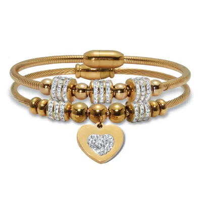 Palm Beach Jewelry Round Crystal Gold Ion-plated Stainless Steel Heart Charm Bracelet Set 7-inch