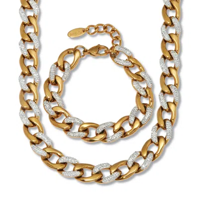 Palm Beach Jewelry Round Crystal Gold Ion-plated Stainless Steel Link Necklace Set 18 To 20-inch