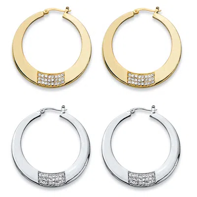 Palm Beach Jewelry Round Crystal Goldtone And Silvertone 2-pair Hoop Earrings Set 1.75"